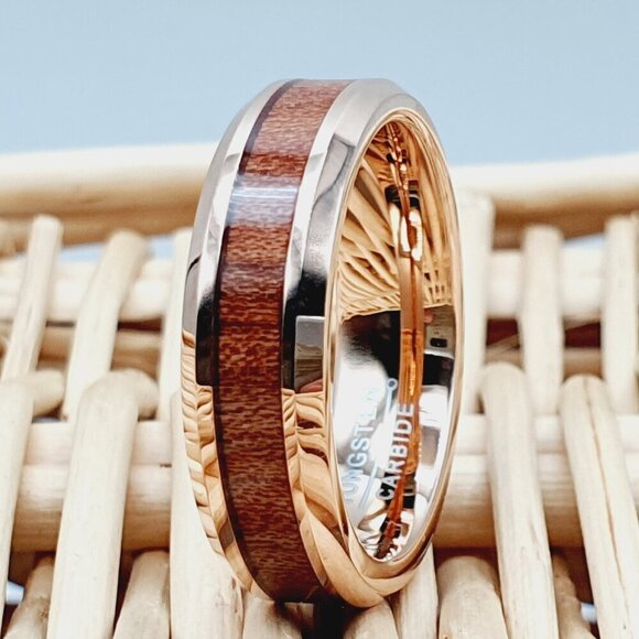 "Rose Gold Tungsten Womens Wedding Ring with Wood Inlay, GALTUN952